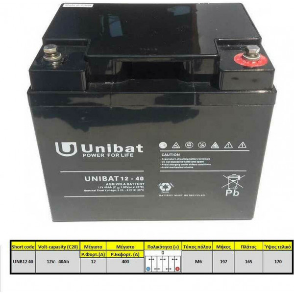 Unibat Μπαταρία Φωτοβολταϊκών AGM Κλειστού Τύπου 12V 42Ah C20