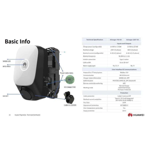 Huawei Επιτοίχιος Τριφασικός Σταθμός Φόρτισης 22kW Type 2 (02314BXL-003)