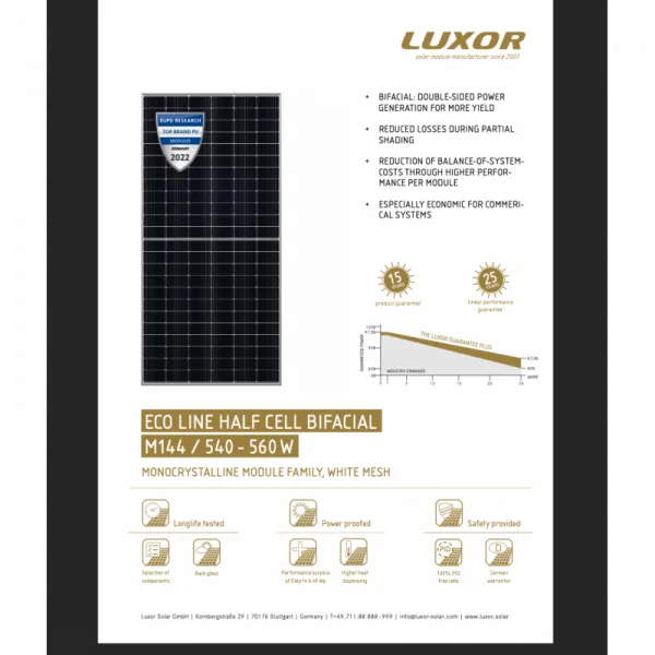 Luxor Eco Line Half Cell Bifacial Μονοκρυσταλλικό Φωτοβολταϊκό Πάνελ 540W 24V 10-LX-540M/182-144+BF παλέτα 31 τεμαχιων